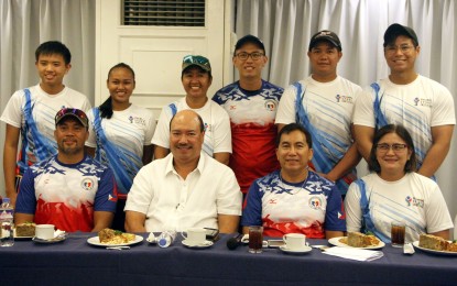 <p><strong>TOP ARCHERS.</strong> The Philippine Archery team  to the World Archery Philippines (WAP) competition  composed of  (standing L-R) Jonathan Deaport, Nicole Marie Tagle, Jennifer Chan, Earl Yap, Paul Manton Dela Cruz, Joseph Vicencio, (seated L-R) coach Clint Sayo, WAP treasurer JP Orberta, secretary general Rosendo Sombrio and coach Purita Joy Marino at the Orchid Garden Hotel on Wednesday (April 4, 2018). The country will host the  Asia Cup Stage 2 from April 6 to 12 at the Rizal Memorial Sports Complex baseball field.<em> (PNA photo by Jess Escaros)</em></p>